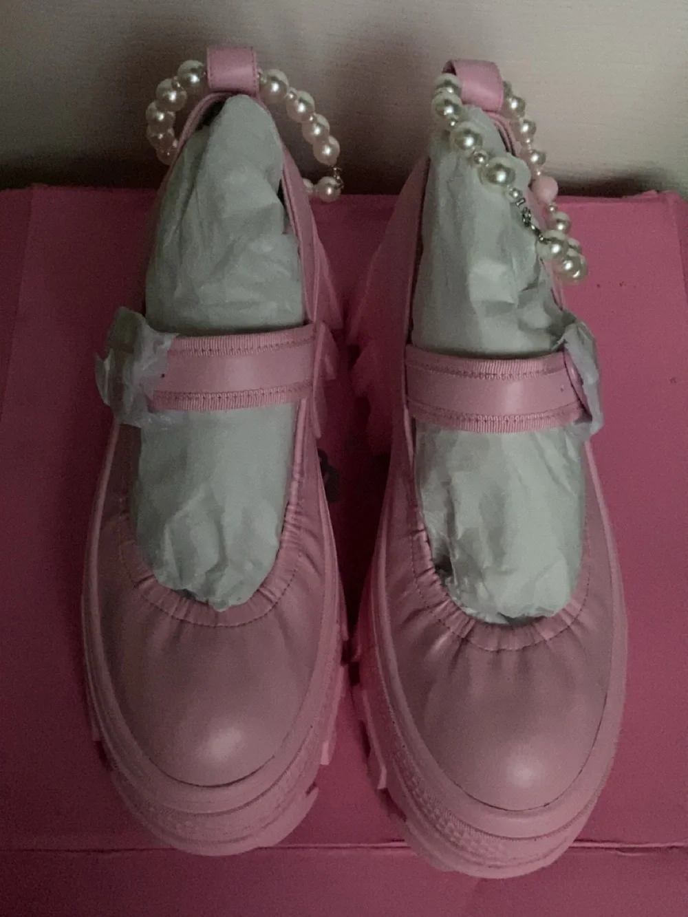 Sugar Thrillz Pink Platform Mary Jane Loafers with Pearl Strap